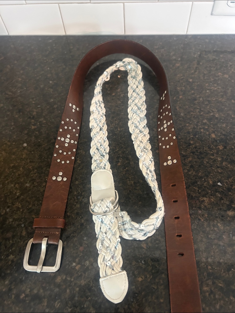Free People Brown Leather & White Braided Belt with Stud Details
